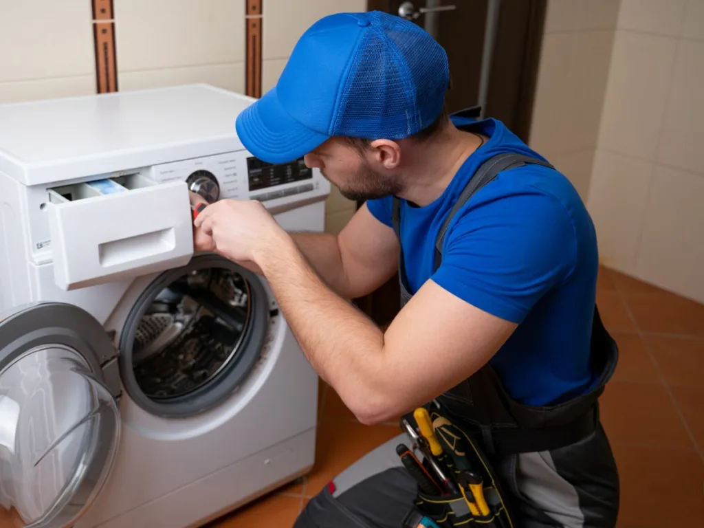 A skilled technician repairing a Defy twin tub washing machine, ensuring optimal functionality and performance - durban
