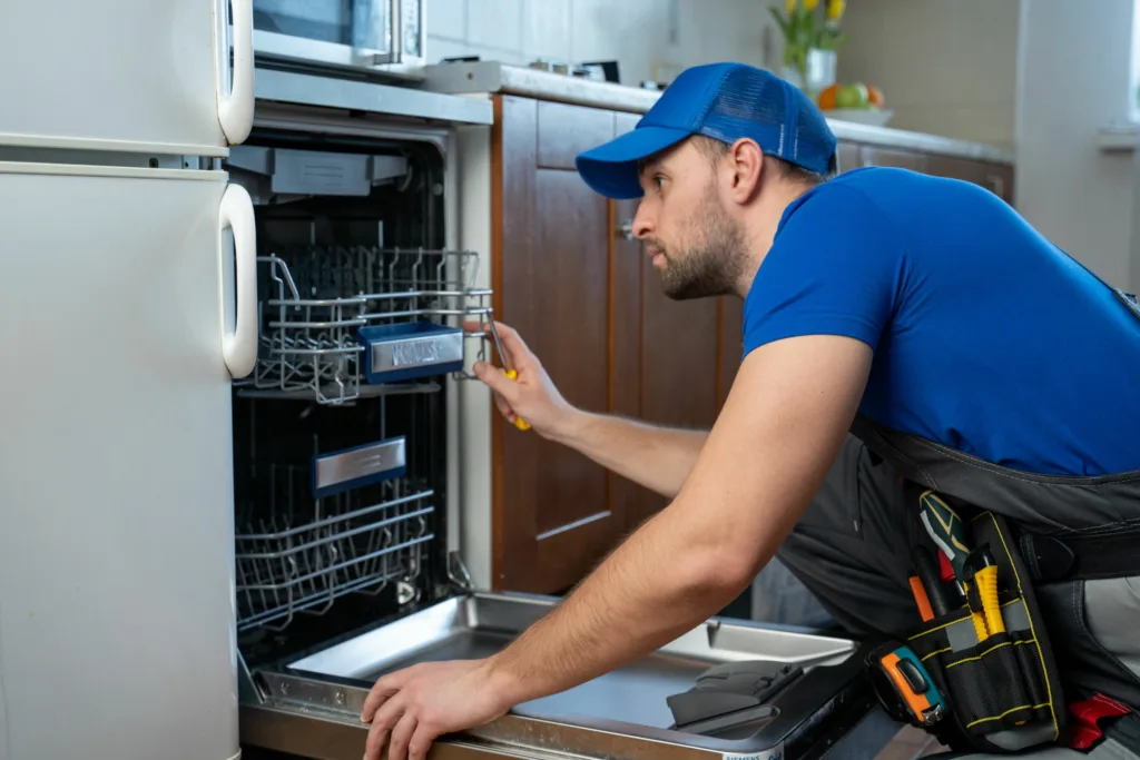 Certified technician diagnosing a problem with a dishwasher in Durban.