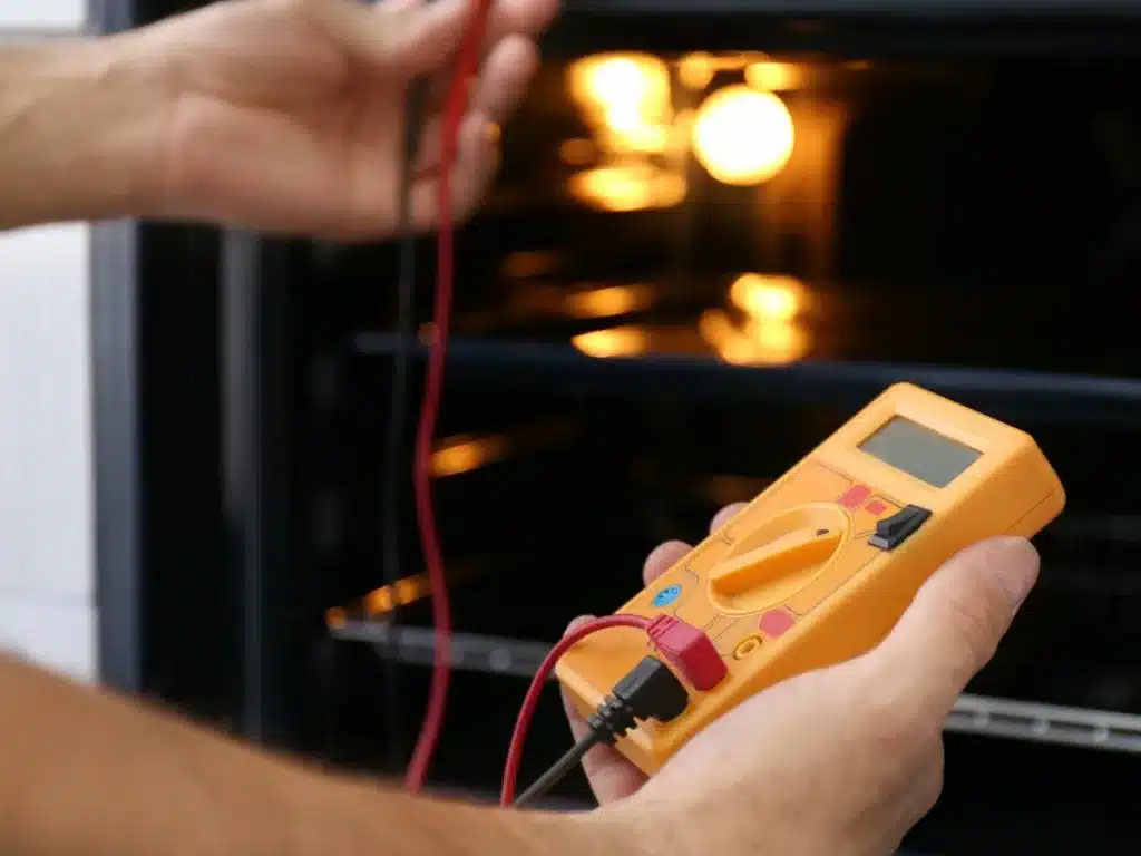 Appliance technician repairing a broken oven in a Mount Edgecombe kitchen.