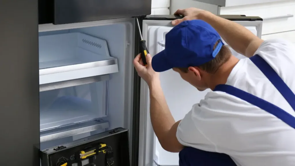 Authorized AEG service center in Durban with technicians repairing a refrigerator.