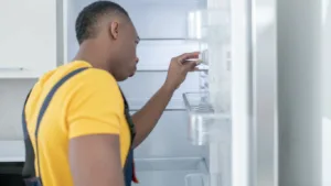 Experienced refrigerator technician repairing a fridge in Amanzimtoti.