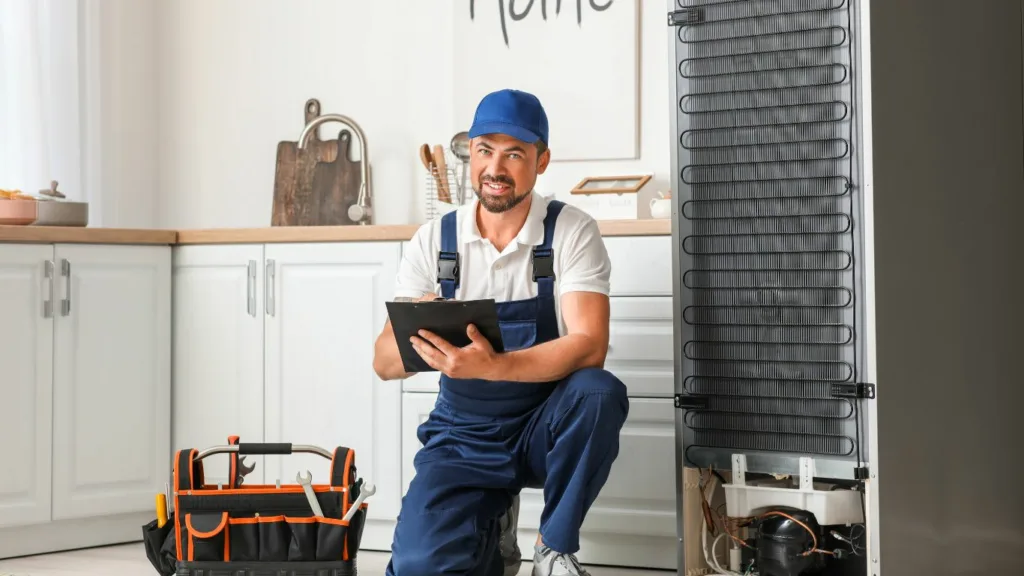 Technician fixing a refrigerator in a home kitchen in Isipingo.