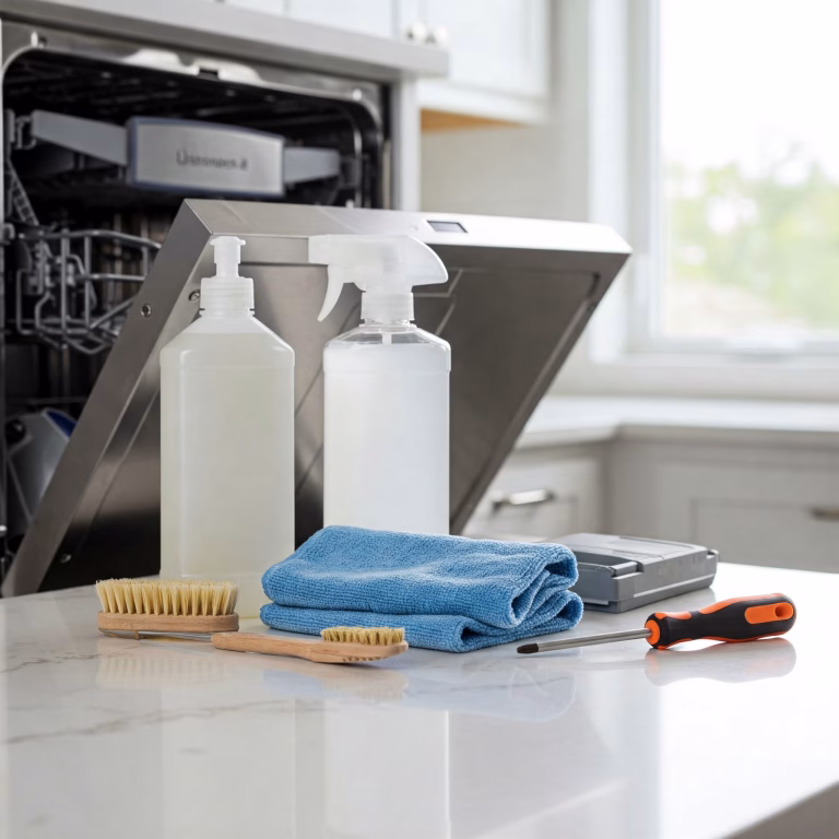 Safe cleaning items placed beside an LG dishwasher, ready for routine maintenance