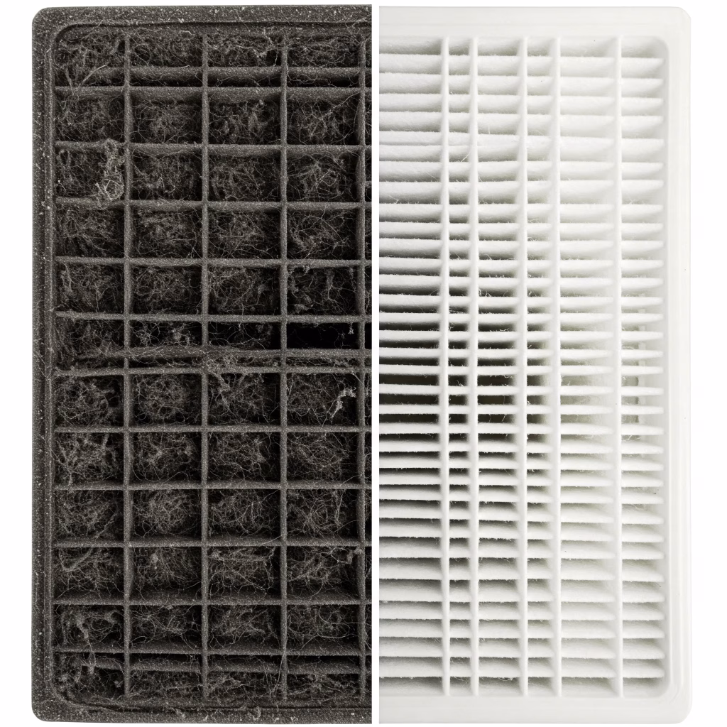 Before and after comparison of a dishwasher filter, illustrating LG dishwasher maintenance tips through proper cleaning.