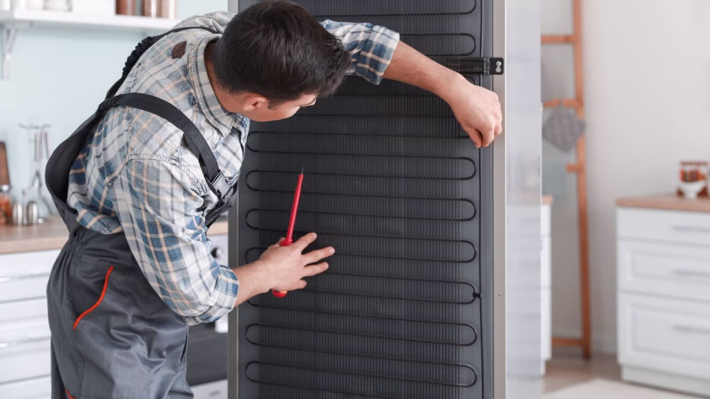 Technician inspecting a refrigerator in a residential kitchen in Mobeni
