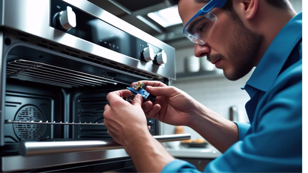 Repair technician fixing a kitchen appliance during a service call in Prestondale