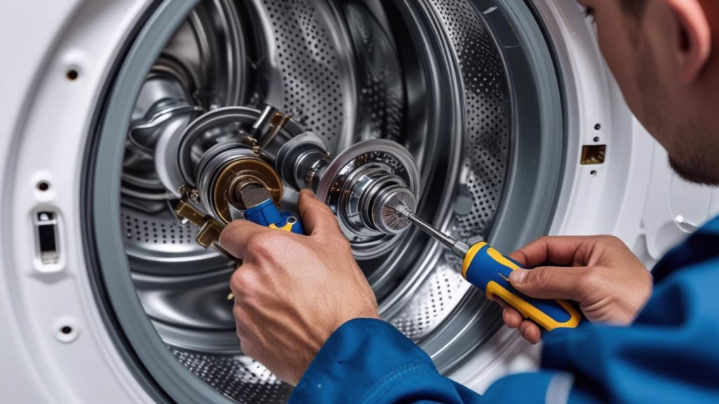 A local expert working on a laundry appliance as part of our dedicated washing machine repairs service in Mobeni.