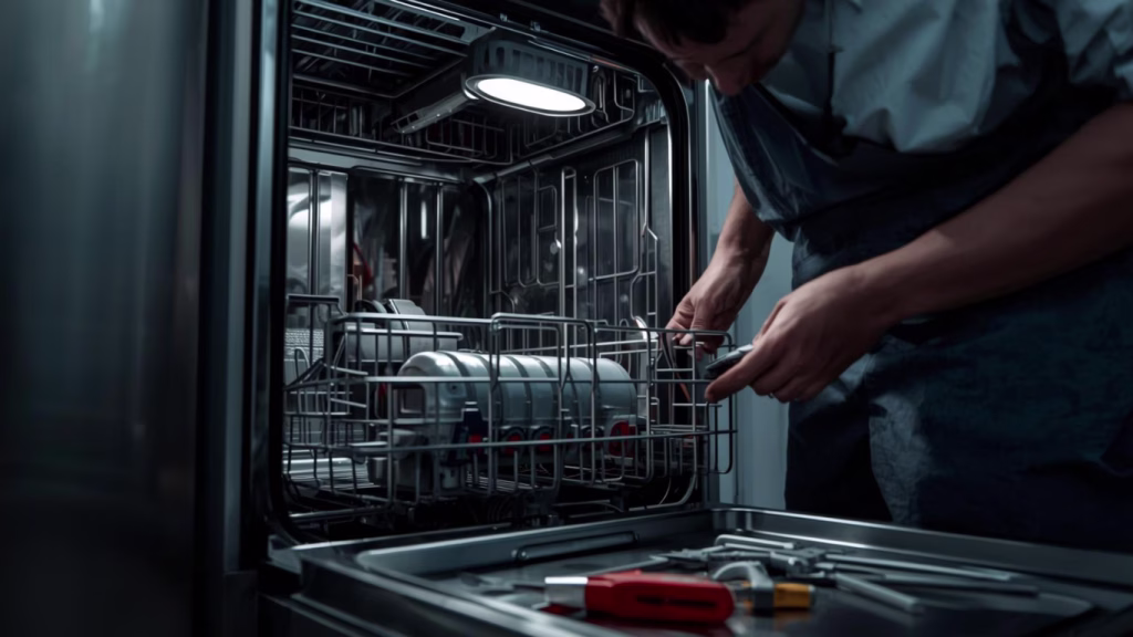 Appliance repair expert fixing a Midea dishwasher in Durban.