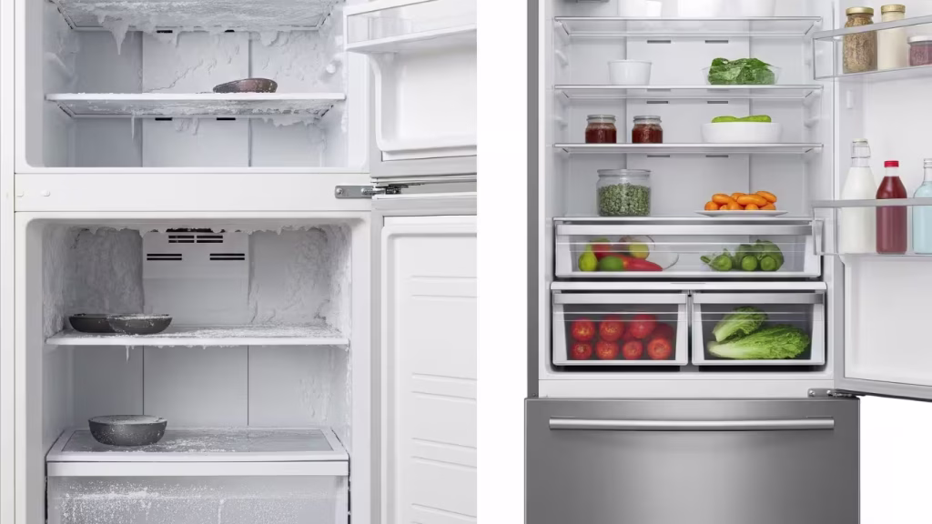 Before and after a fridge regas service in Durban, showing a refrigerator with excessive ice buildup transformed into a normally functioning appliance.