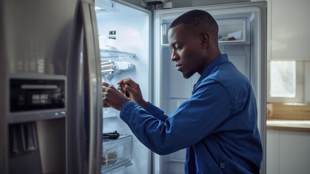 "Close-up of a service professional with tools performing fridge and freezer repair in a home in Sunningdale.