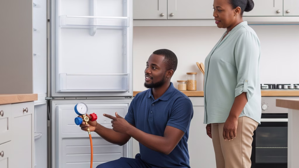 Close-up of a technician providing a fridge gas refill in the Durban area while home owner watches