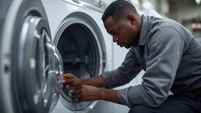 Appliance technician servicing or performing tumble dryer repairs in Amanzimtoti, KwaZulu-Natal.