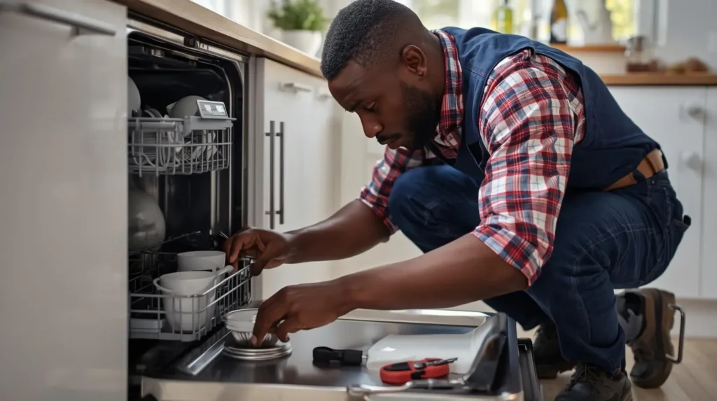 Appliance repair professional using tools to fix a built-in dishwasher in a residential kitchen in durban
