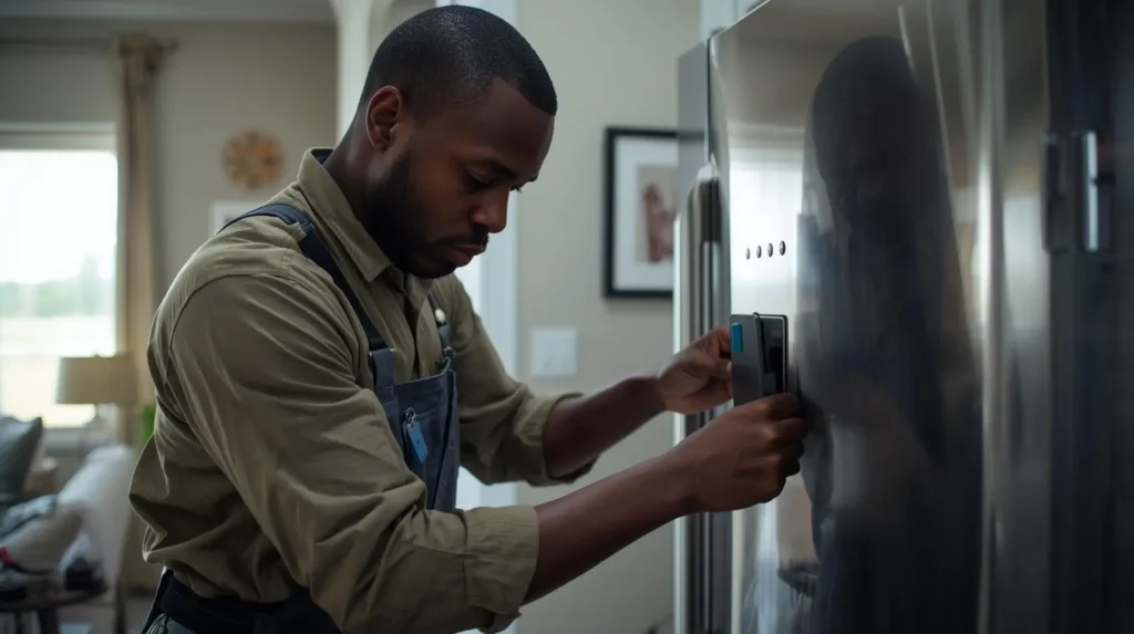 "Specialist repairman using diagnostic tools to troubleshoot a cooling issue on a Miele fridge-freezer in durban household