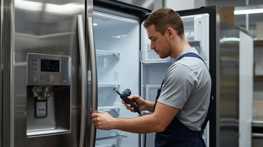 A professional technician wearing a branded uniform servicing the interior of a Miele refrigerator in durban