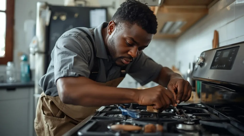 Professional repairman using a screwdriver to fix a gas stove in a residential kitchen in yellowwood park