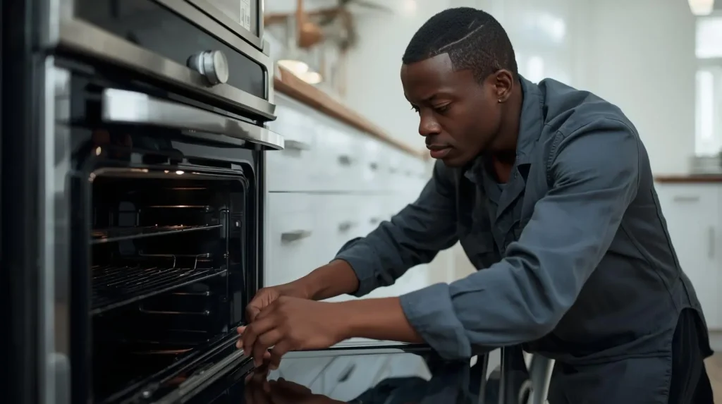 A technician in a professional uniform inspecting the interior heating element of an open electric oven in a kitchen in yellowwood park