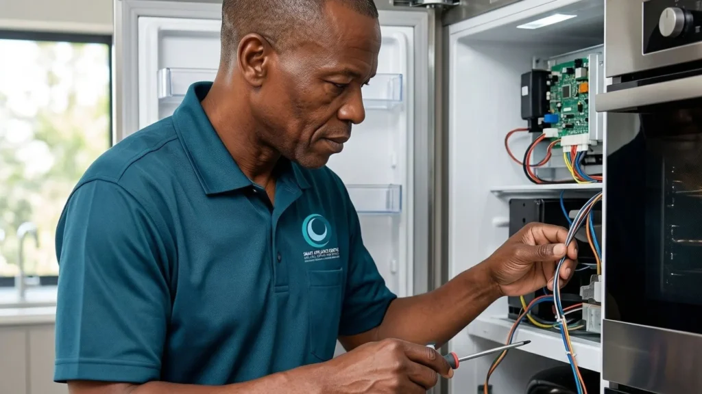 appliance repair technician works on fridge in bothas hill home
