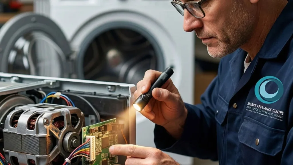 hillcrest home appliance technician inspects washing machine