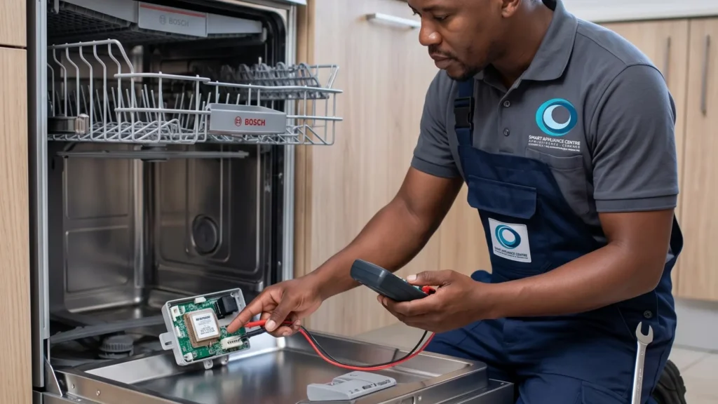 Professional technician performing Bosch appliance repairs in Durban on a dishwasher.