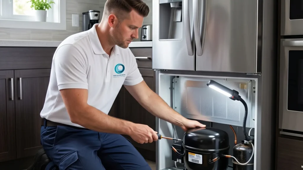 Professional technician diagnosing Bosch fridge problems in a Durban kitchen, inspecting a stainless steel refrigerator for repairs.