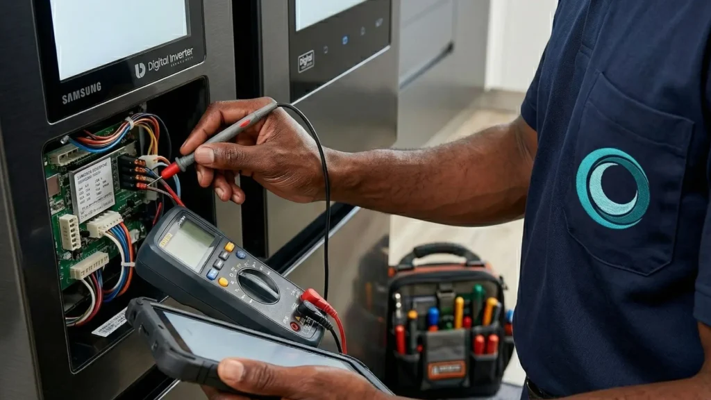 appliance repair service technician troubleshoots fridge in Durban North home