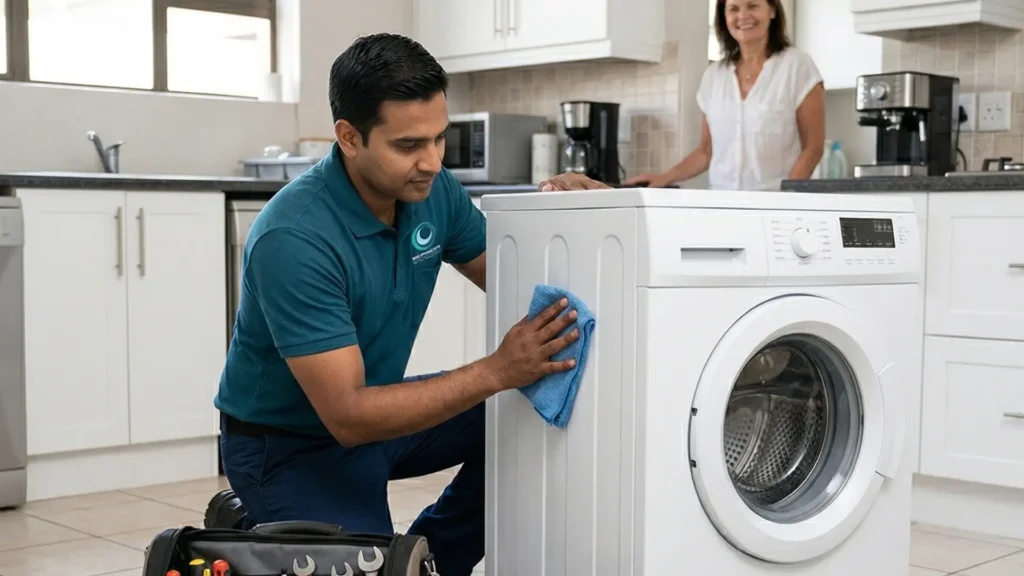 technician wipes down repaired hisense machine in durban while happy customer watches