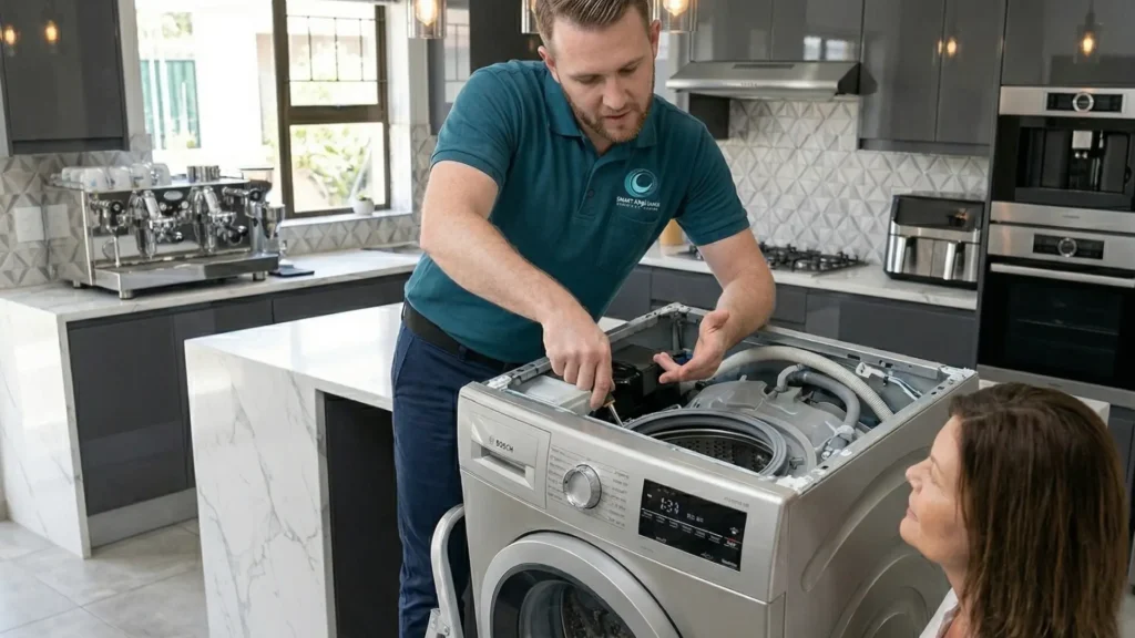 smart appliance centre technician performs repairs to hisense washing machine in durban