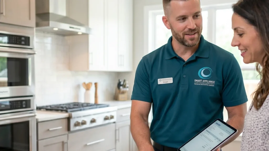 Appliance repair technicians in Durban discussing oven and stovetop repair service options with a customer on a digital tablet.