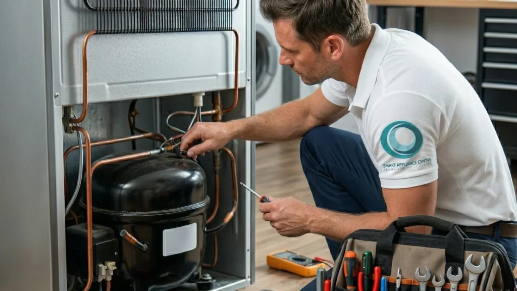 Professional technician performing fridge repairs in Durban on a modern stainless steel refrigerator in a residential kitchen