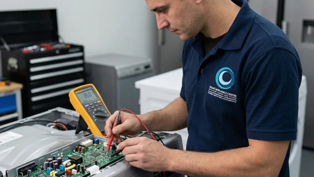 Male technician in Durban diagnosing a Samsung washing machine control board with a multimeter.
