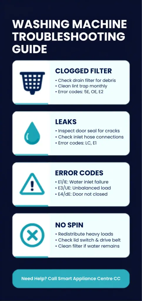 An infographic troubleshooting guide addressing common washing machine issues such as drainage, spinning, and leaks. This visual guide offers step-by-step solutions westville residents.