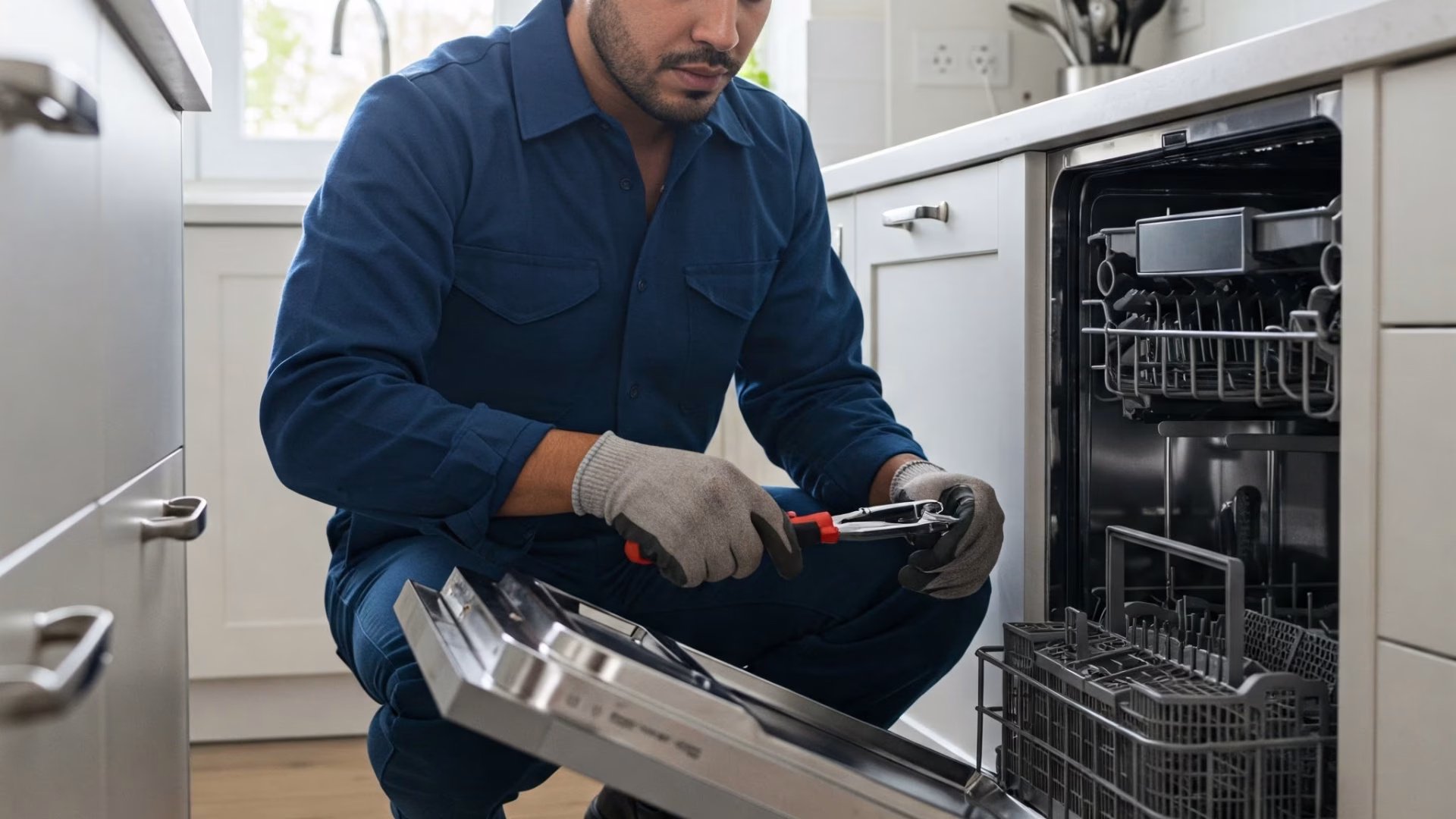 Technician troubleshooting a dishwasher to diagnose common issues in Hillcrest.